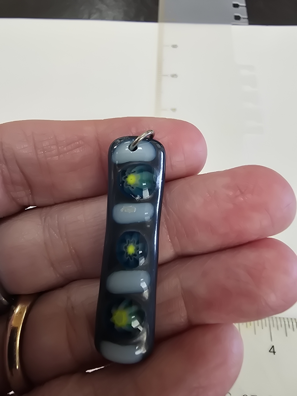Hand Crafted Fused Glass Pendant Charm in Dark Blue with Floral Accents